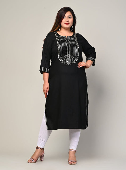 Plus size black rayon kurti front view with mirror work yoke and 3/4 sleeves, women’s sizes 3XL-10XL