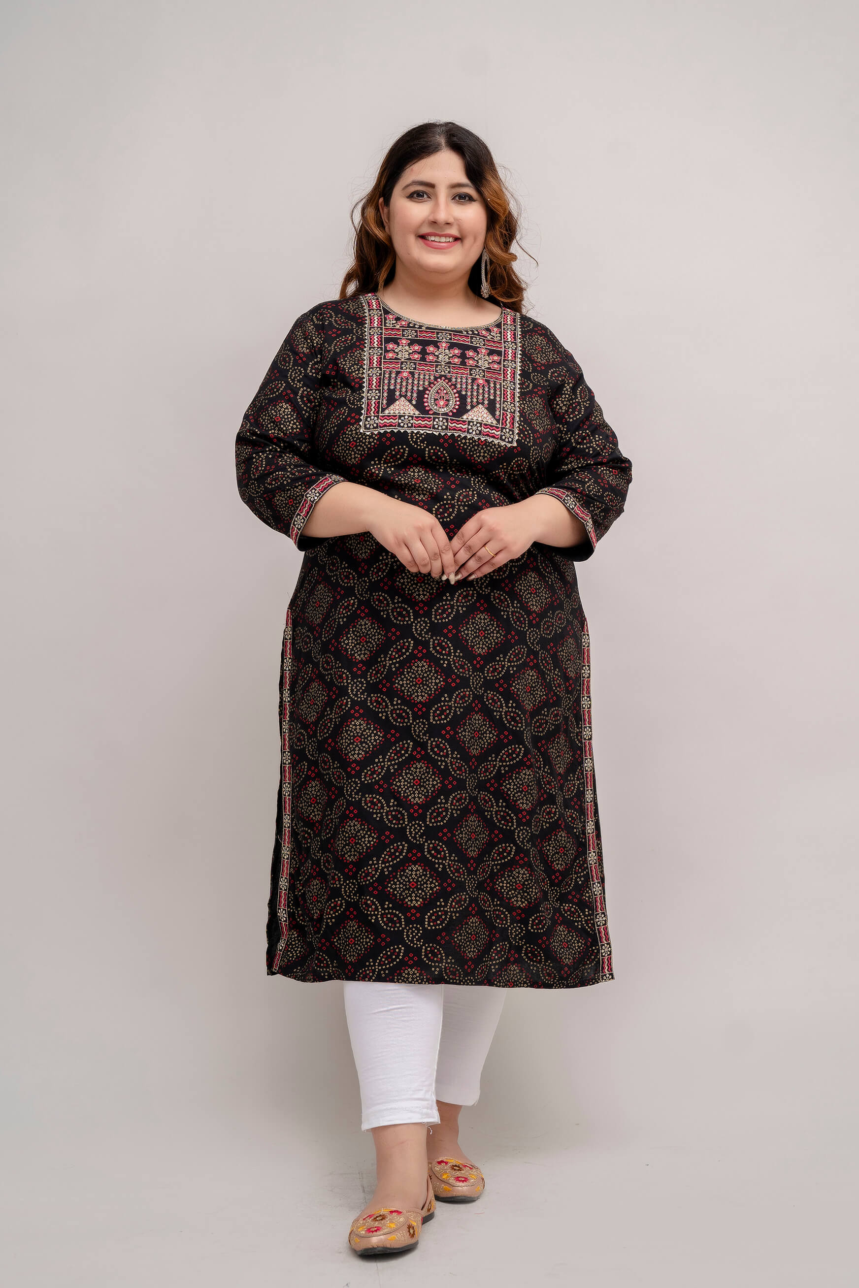 Plus Size black rayon kurti with embroidered yoke, front view, round neck, geometric print, women's big size 3XL–9XL, Curvisha