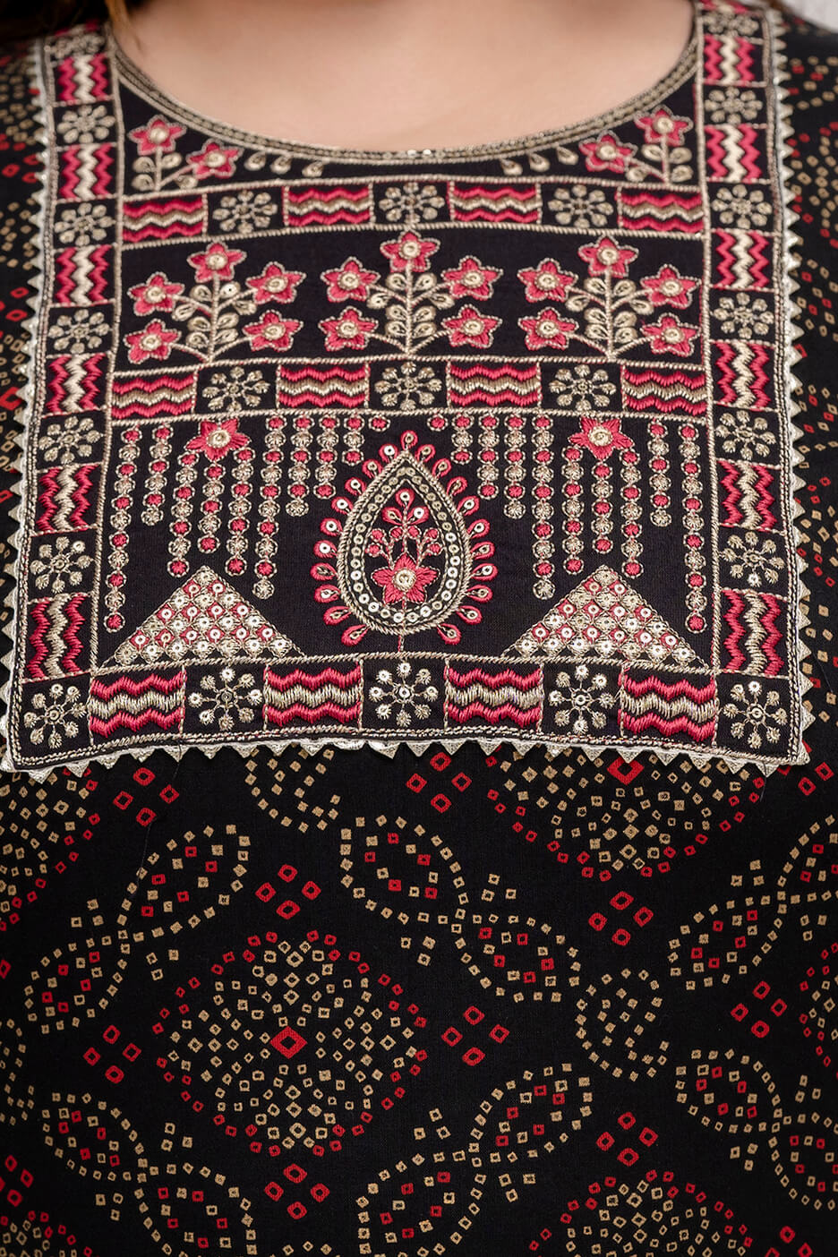Yoke embroidery detail on black rayon kurti, pear-drop motif, delicate stitches, Plus Size women 3XL–9XL, Curvisha