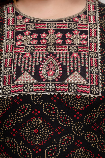 Yoke embroidery detail on black rayon kurti, pear-drop motif, delicate stitches, Plus Size women 3XL–9XL, Curvisha