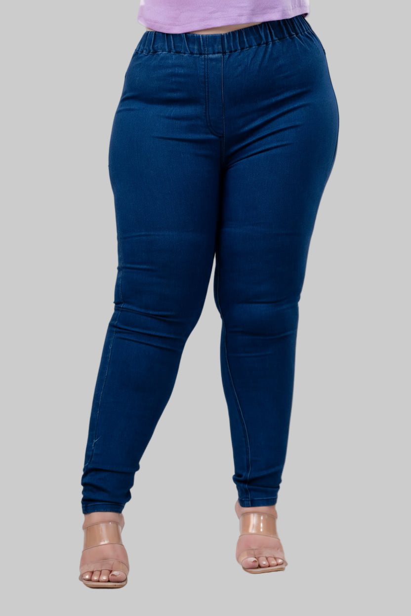 Front close-up of blue stretch jeggings for plus size women showing soft elastic waistband – Curvisha
