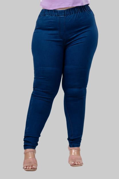Front close-up of blue stretch jeggings for plus size women showing soft elastic waistband – Curvisha