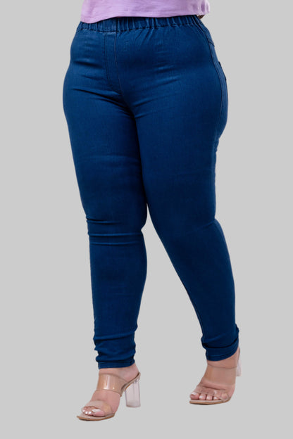Three-quarter angle of blue jeggings for plus size and fat women with smooth pull-on fit – Curvisha