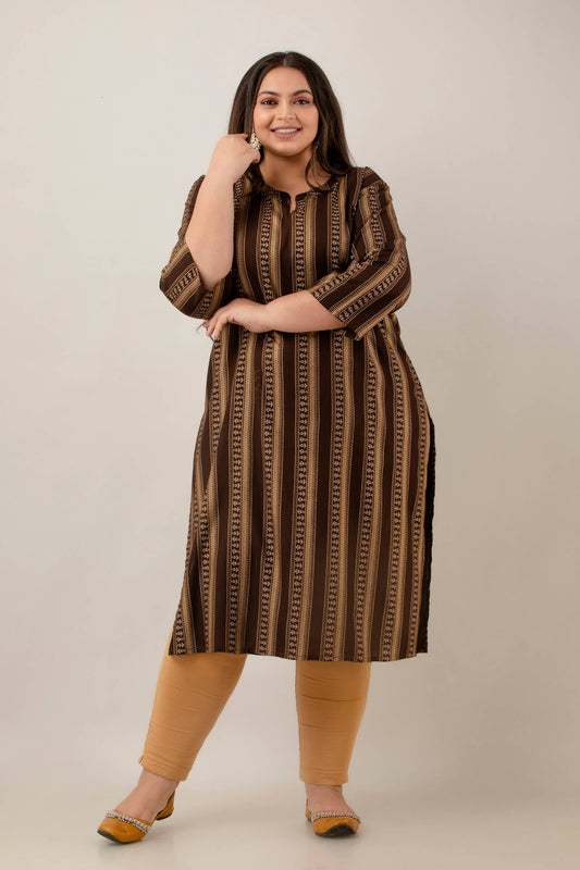 Front view coffee brown rayon kurti with notch neck and 3/4 sleeves; elongating stripe print; smart workwear look.