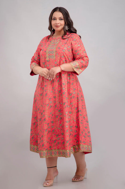 Plus Size Coral Pink Rayon Gathered Gown Dress Front View for Fat Women 3XL–10XL