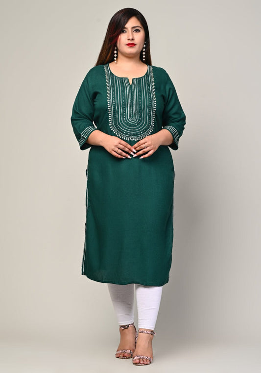 Plus size emerald green rayon kurti front view with mirror work yoke and 3/4 sleeves, womens sizes 3XL-10XL
