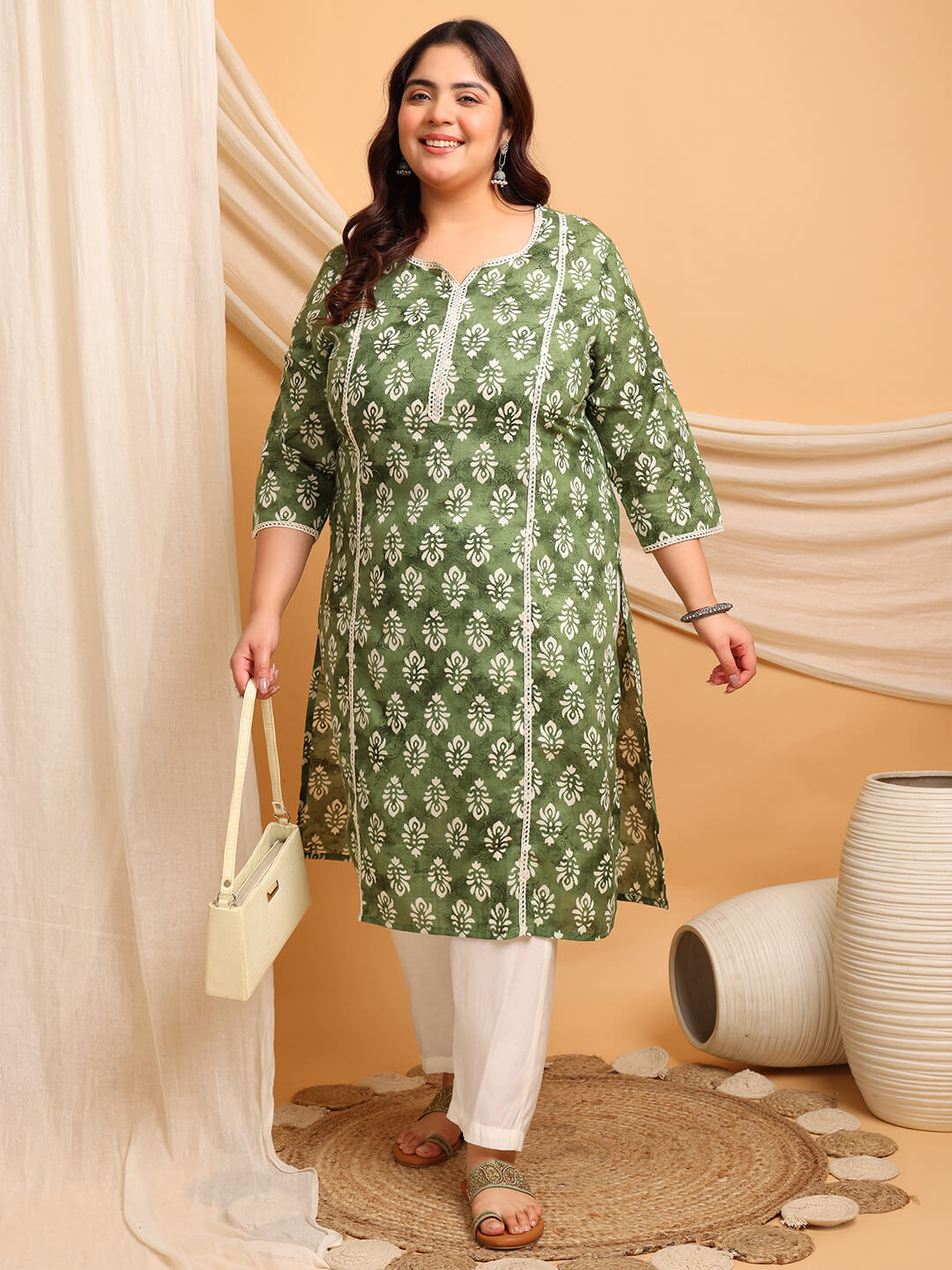 Plus size green cotton printed kurti for women, front view with lace trim and 3/4 sleeves, fat friendly big size 3XL-9XL
