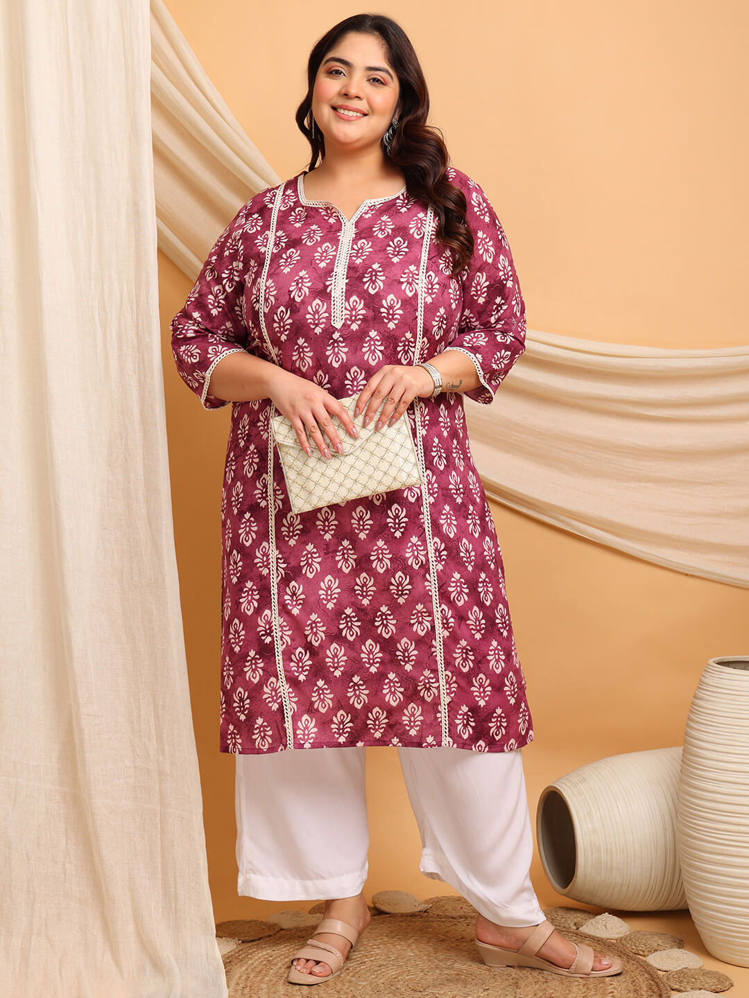 Styled outfit with clutch in lavender cotton kurti, straight fit and easy drape for curvy women, fat friendly big size clothing