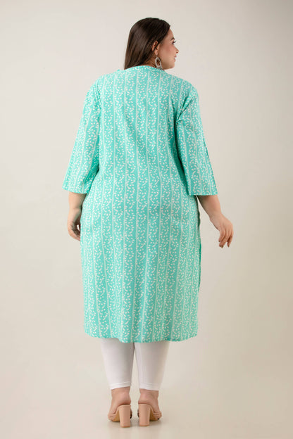 Back view of mint rayon vertical-print kurti; breathable straight fit with side slits; flattering everyday style for plus-size and fat women.