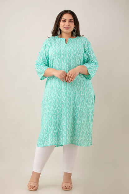 Front view mint/aqua rayon kurti with notch neck and 3/4 sleeves; soft vine stripes; smart workwear pick for curvy shoppers.