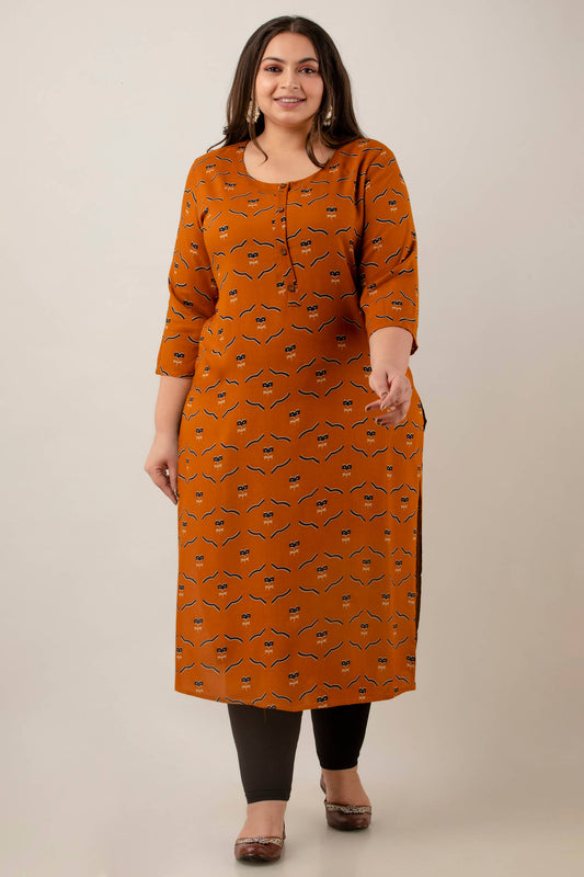 Front view of Plus Size mustard abstract print rayon kurti with round neck and 3/4 sleeves, comfortable fit for women 3XL–9XL