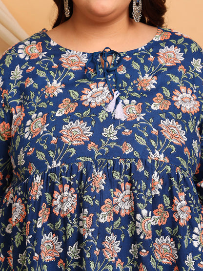 Close-Up of Floral Print and Tie-Up Neckline on Plus Size Rayon Short Kurti