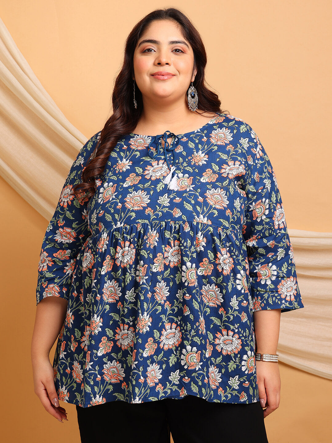 Plus Size Navy Blue Floral Rayon Short Kurti Tunic for Curvy Women – Front View