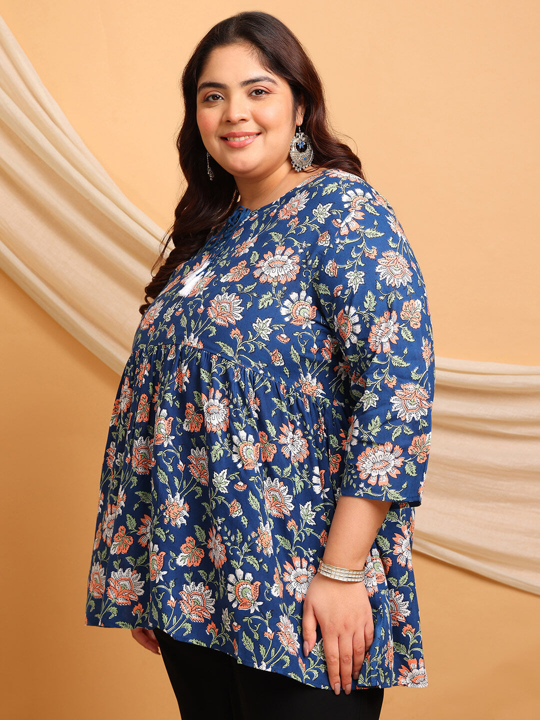 Plus Size Navy Blue Floral Rayon Tunic with White Orange Print – Side View