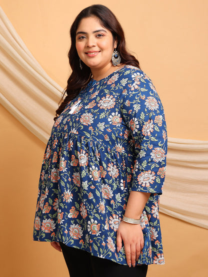 Plus Size Navy Blue Floral Rayon Tunic with White Orange Print – Side View