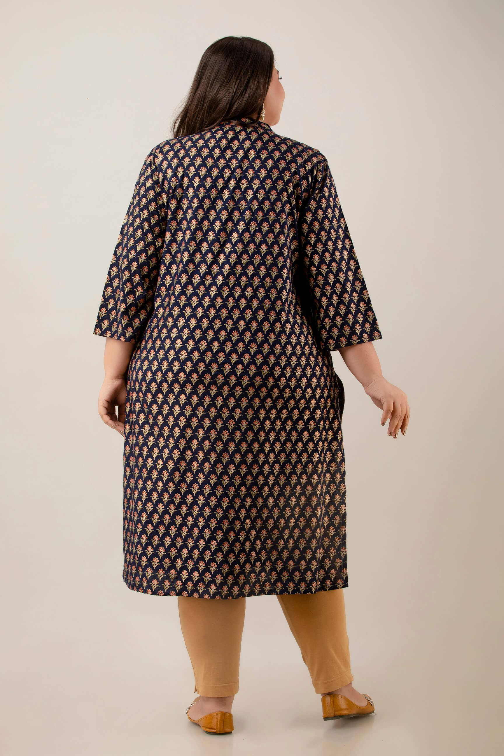 Back view of navy rayon buta-print kurti; straight fit with side slits; breathable everyday style for plus-size and fat women.