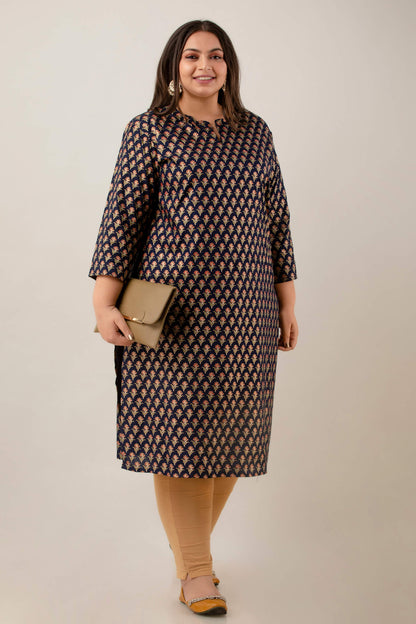 Styled look with beige leggings and juttis; navy rayon kurti with all-over buta; confidence-boosting, fat-friendly outfit.