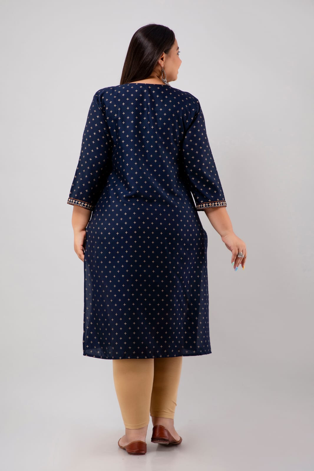 Back view of navy rayon plus size kurti with all-over motifs, women 3XL–10XL