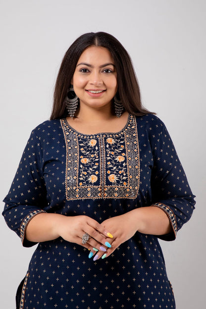 Plus size navy rayon kurti with embroidered yoke, front view, women 3XL–10XL