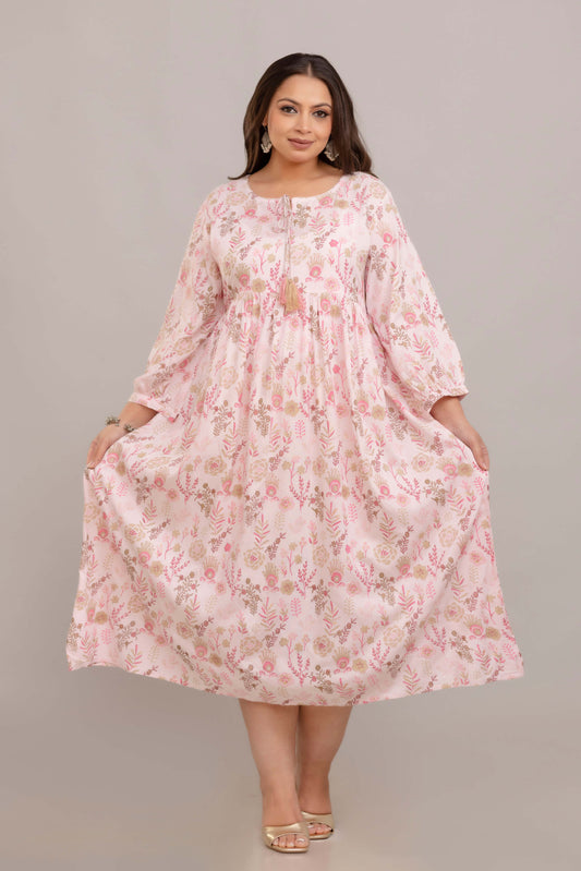 Plus Size pink floral rayon gathered gown for fat women, soft rayon dress 3XL–9XL by Curvisha