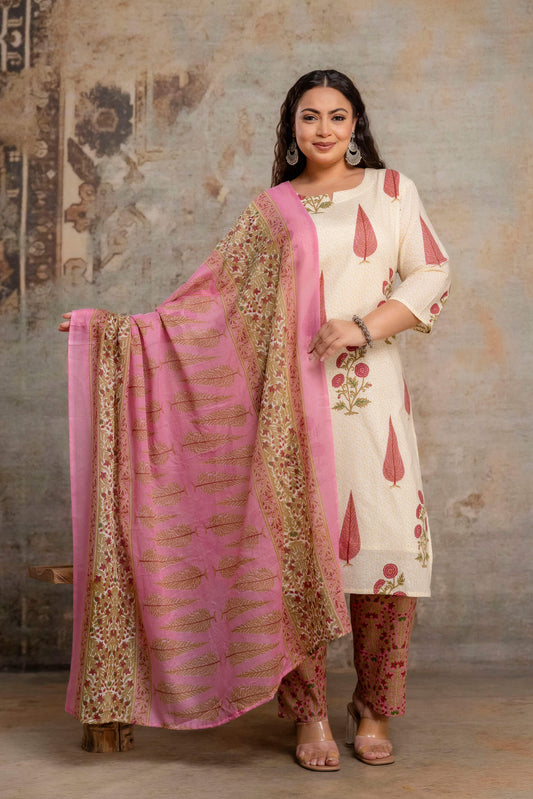 Plus size fat women pink kurti pant dupatta set with printed dupatta for fat women