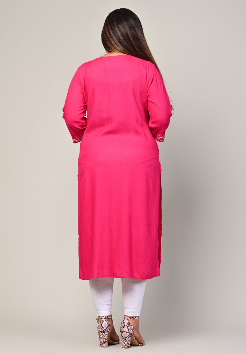 Back view of pink rayon kurti with straight hem and side slits, sizes 3XL-10XL