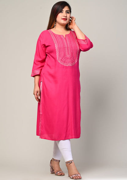 Full length elegant pose in pink rayon kurti, flattering straight fit for curvy women