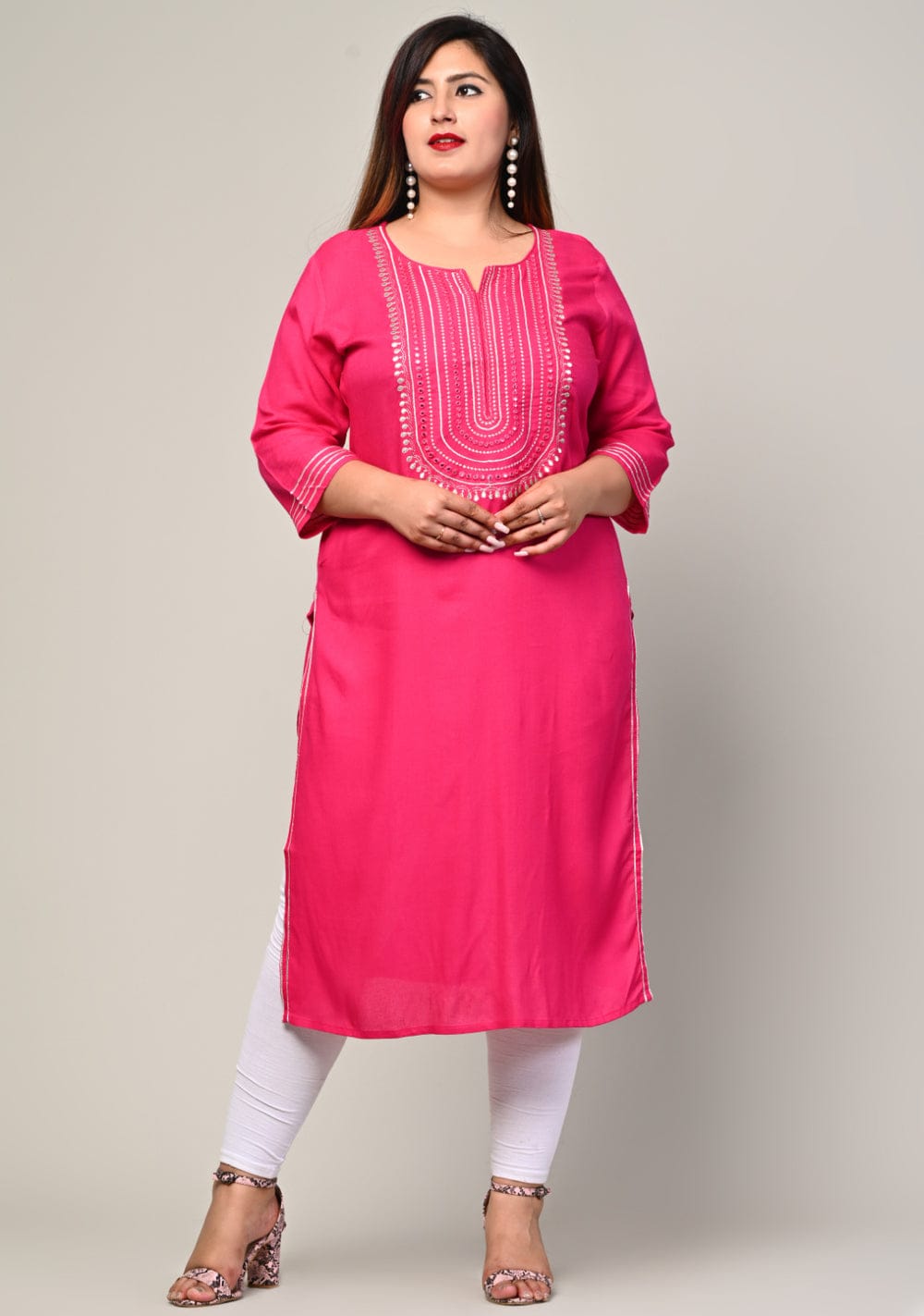 Plus size pink rayon kurti front view with mirror work yoke and 3/4 sleeves, women's sizes 3XL-10XL