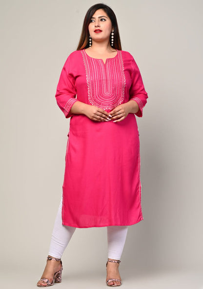 Plus size pink rayon kurti front view with mirror work yoke and 3/4 sleeves, women's sizes 3XL-10XL