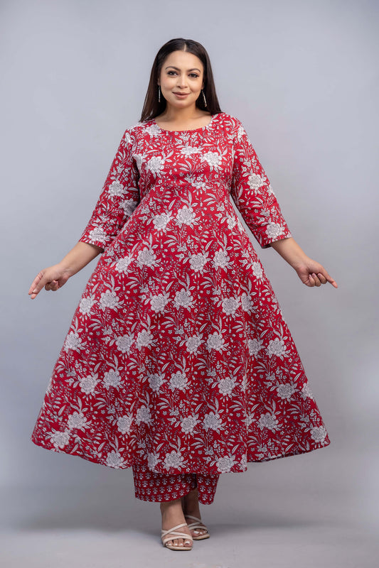 Plus Size Red Cotton Floral Kurti Pant Set for Curvy Women – Curvisha