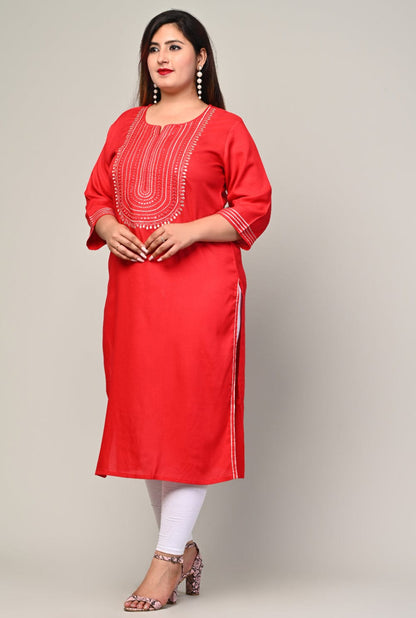 Angled front showing deep side slit on red rayon kurti, comfortable big size clothing 3XL-10XL