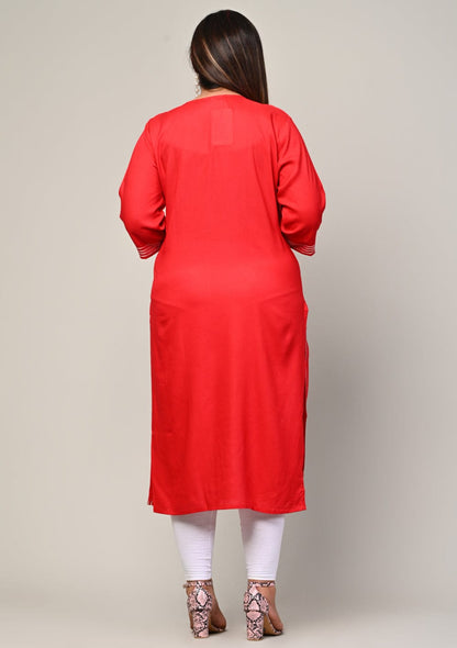 Back view of red rayon kurti, clean finish with straight hem, sizes 3XL-10XL