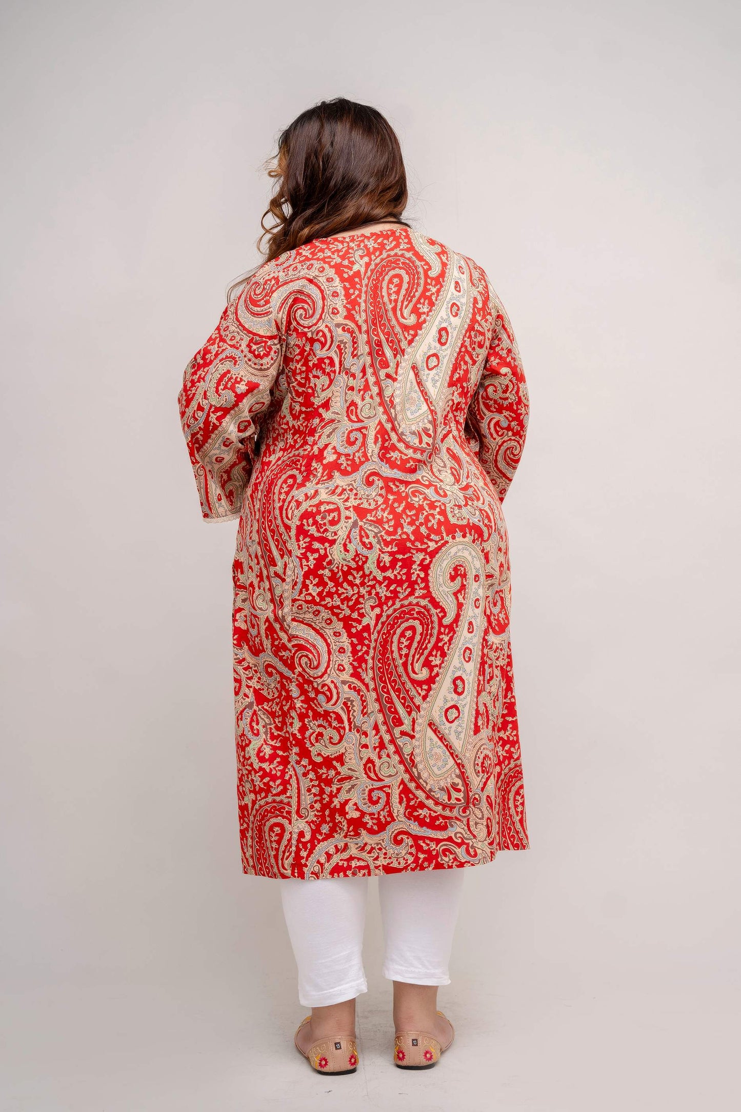 Back view of Plus Size red paisley rayon kurti with lace trims, breathable comfort, big size clothing 3XL–9XL