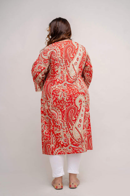 Back view of Plus Size red paisley rayon kurti with lace trims, breathable comfort, big size clothing 3XL–9XL