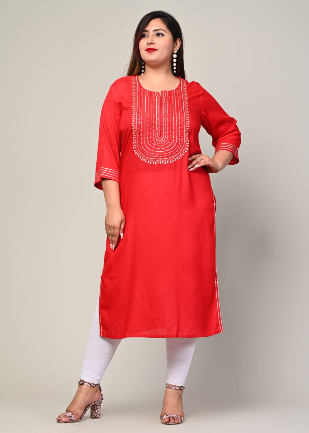 Plus size red rayon kurti front view with mirror work yoke, women's sizes 3XL-10XL