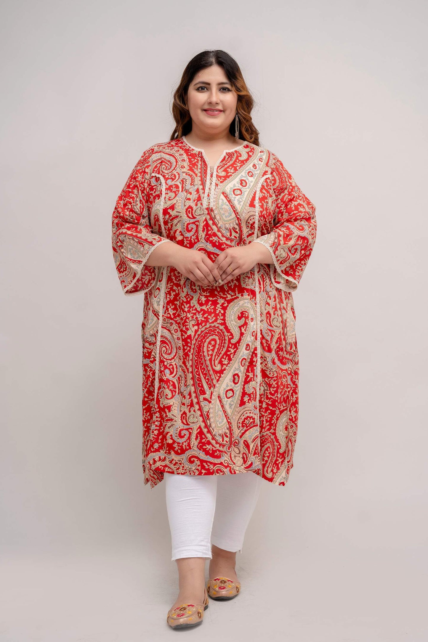 Front view Plus Size red rayon kurti, notch neck, 3/4 sleeves, elegant lace detail for curvy women
