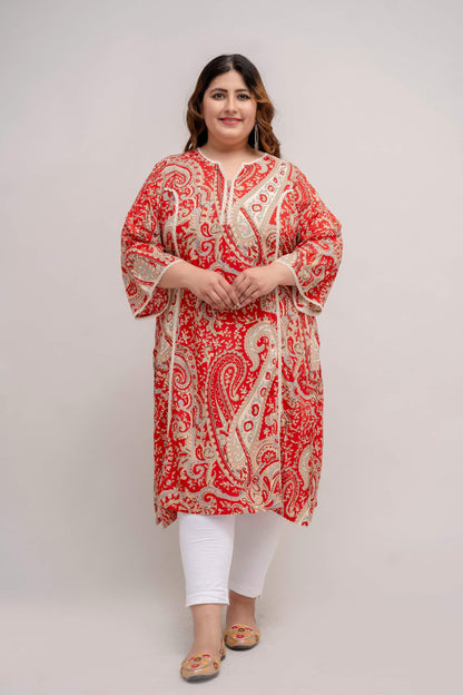 Front view Plus Size red rayon kurti, notch neck, 3/4 sleeves, elegant lace detail for curvy women