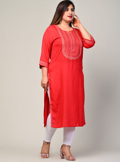 Full length front stance of red rayon kurti with 3/4 sleeves, sizes 3XL-10XL