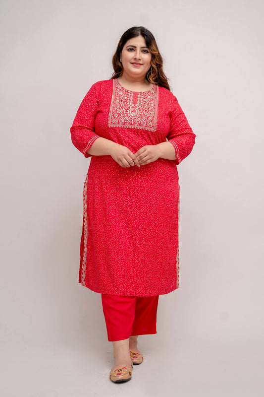 Plus Size Red Rayon Kurti Pant Set for Curvy Women with Embroidered Neck – Curvisha