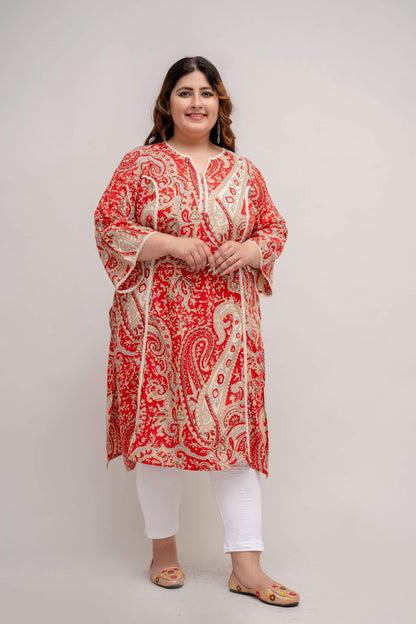 Walking shot of Plus Size red rayon kurti, festive paisley print, everyday to occasion wear for women