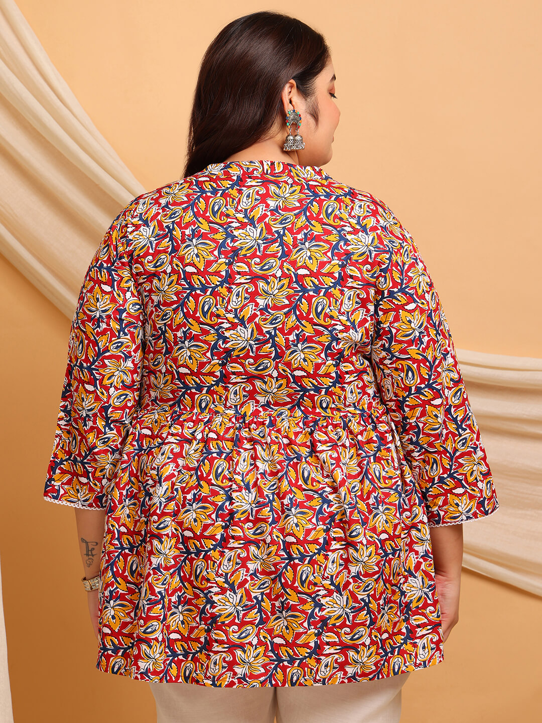 Plus Size Red Yellow Floral Rayon Tunic with Gathered Waist – Back View