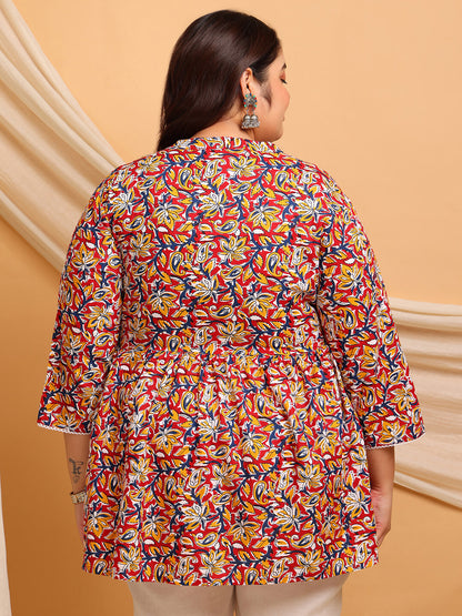 Plus Size Red Yellow Floral Rayon Tunic with Gathered Waist – Back View
