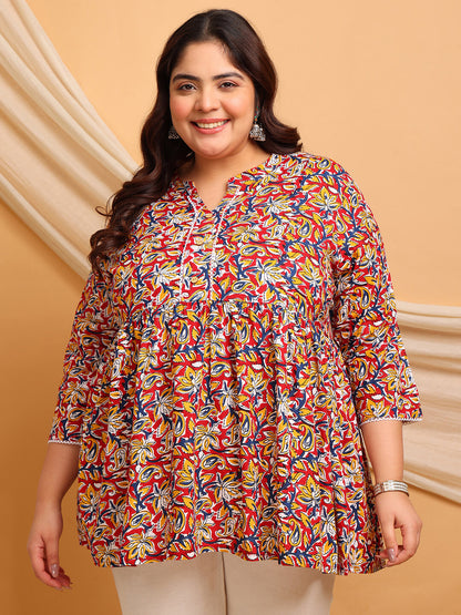 Plus Size Red Yellow Floral Rayon Short Kurti Tunic for Curvy Women – Front View