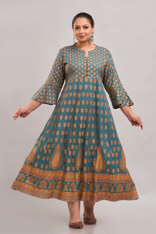 Plus Size Teal Green Rayon Printed Gown Dress Front View for Fat Women 3XL–8XL