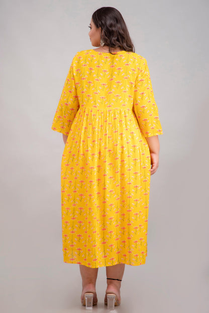 Back View of Plus Size Yellow Rayon Printed Gathered Gown for Curvy Women