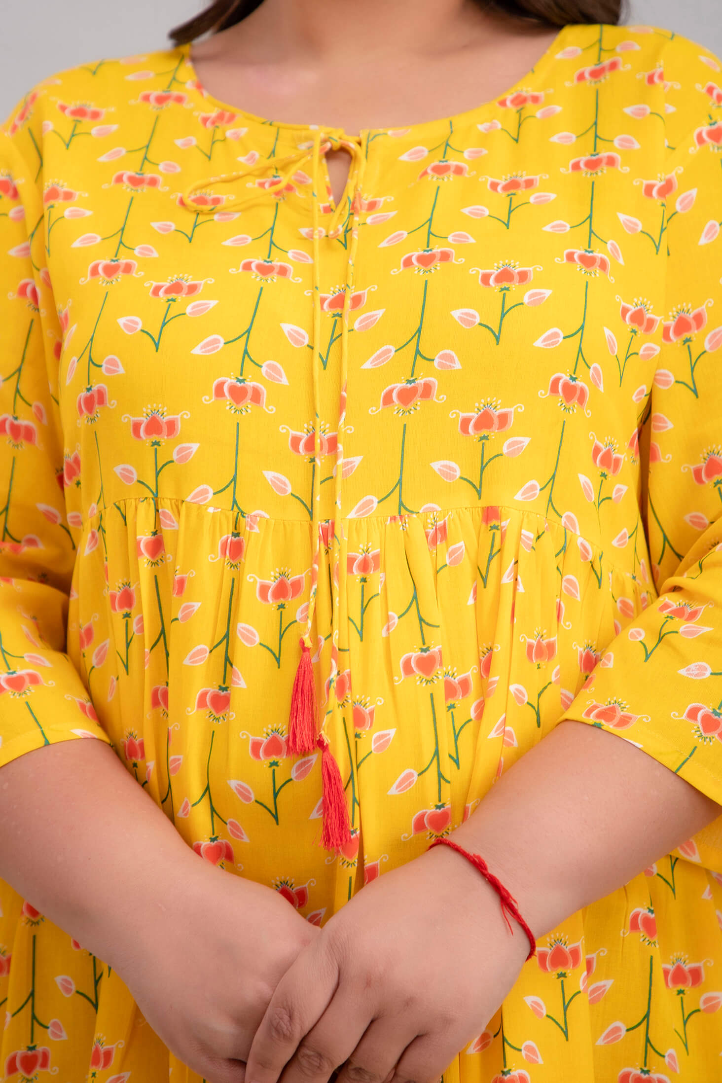 Yellow Rayon Gown Neck and Tassel Detail Closeup for Curvy Women