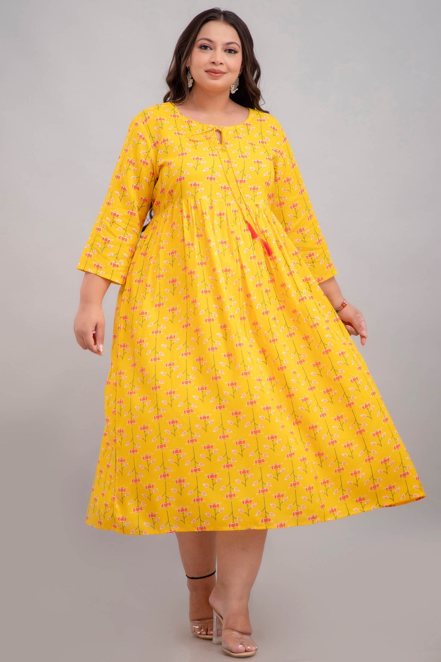 Plus Size Yellow Rayon Floral Gathered Gown Front View for Curvy Women 3XL–10XL