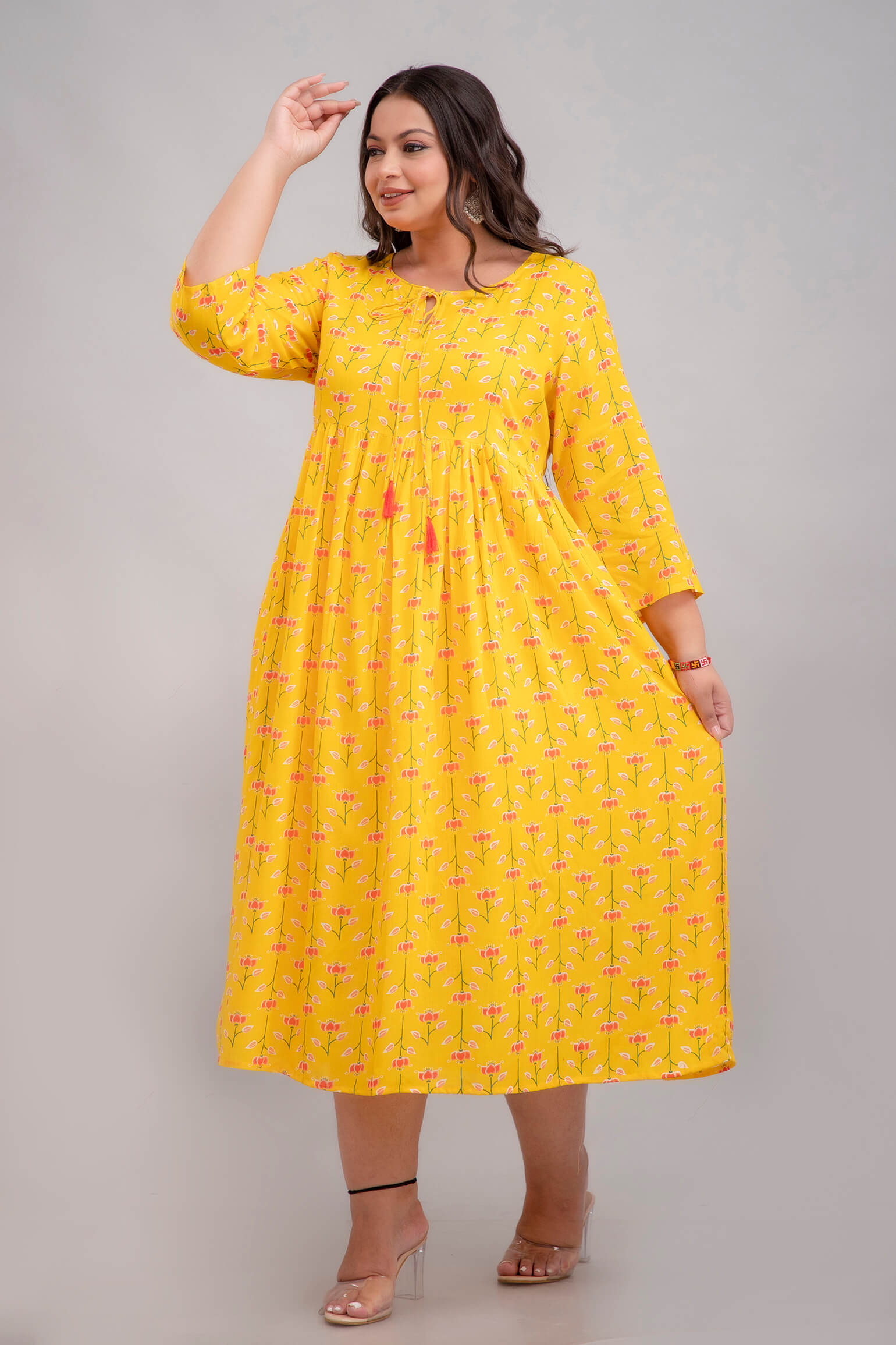 Yellow Rayon Printed Gathered Gown Side Pose for Curvy Women 3XL–10XL