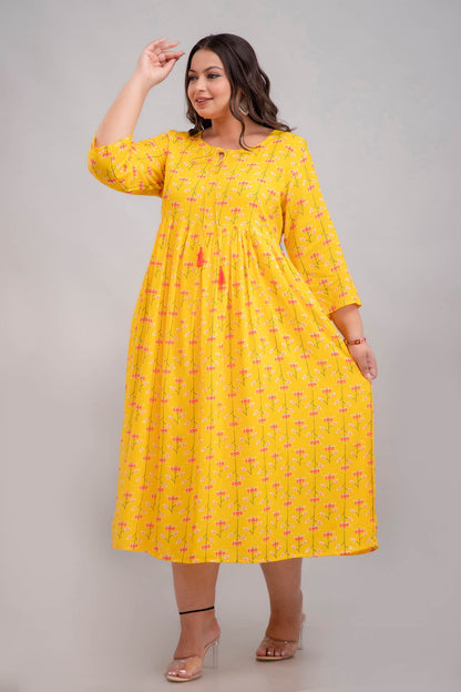Yellow Rayon Printed Gathered Gown Side Pose for Curvy Women 3XL–10XL