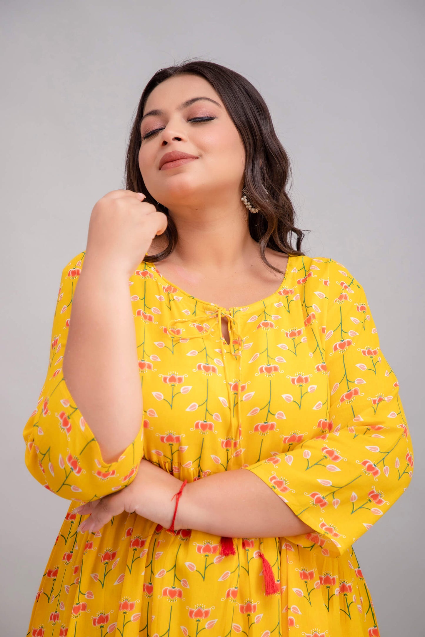 Plus Size Yellow Rayon Gown Sleeve and Floral Print Detail for Fat Women